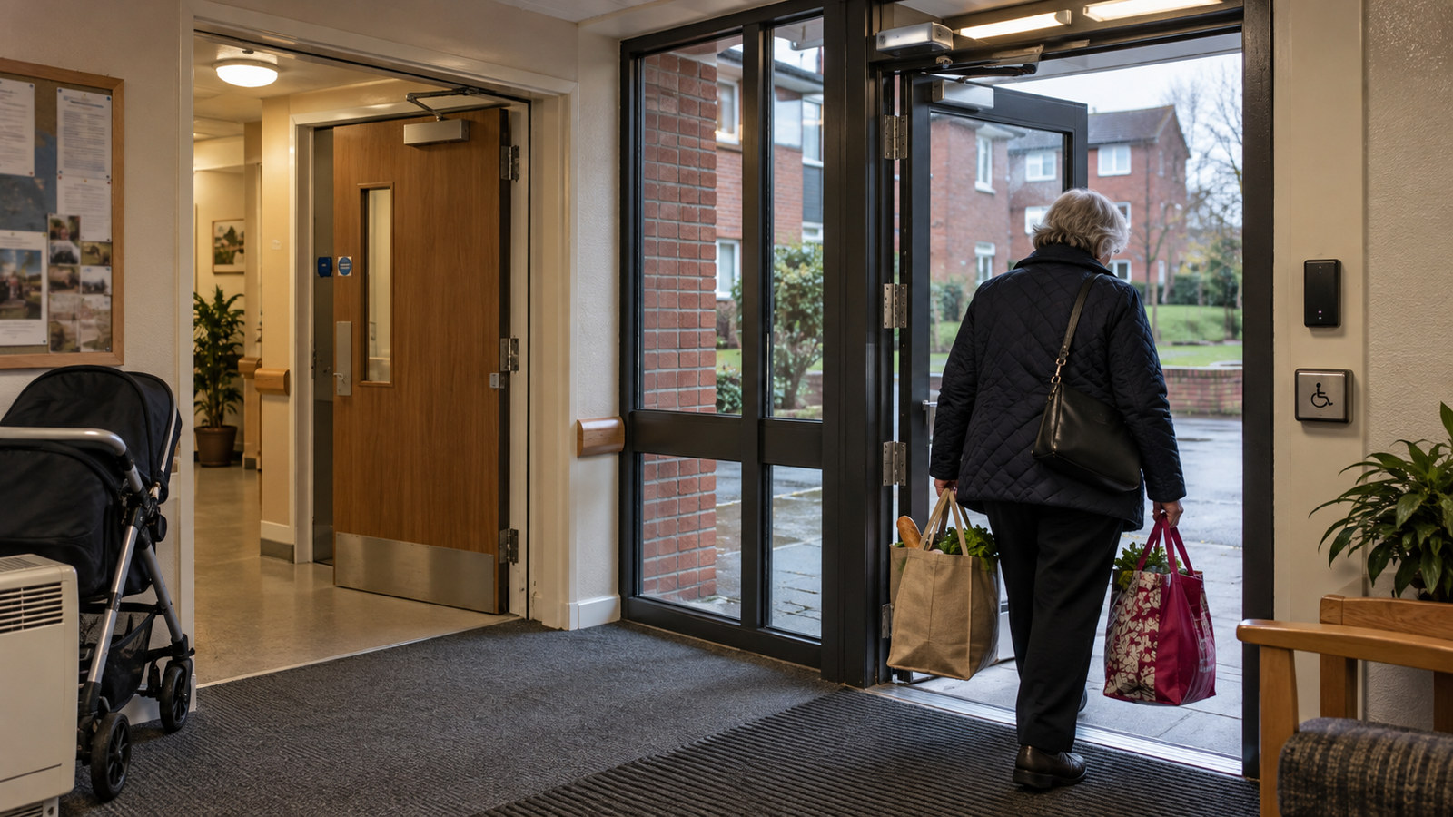 Resident carrying groceries through a powered communal entrance