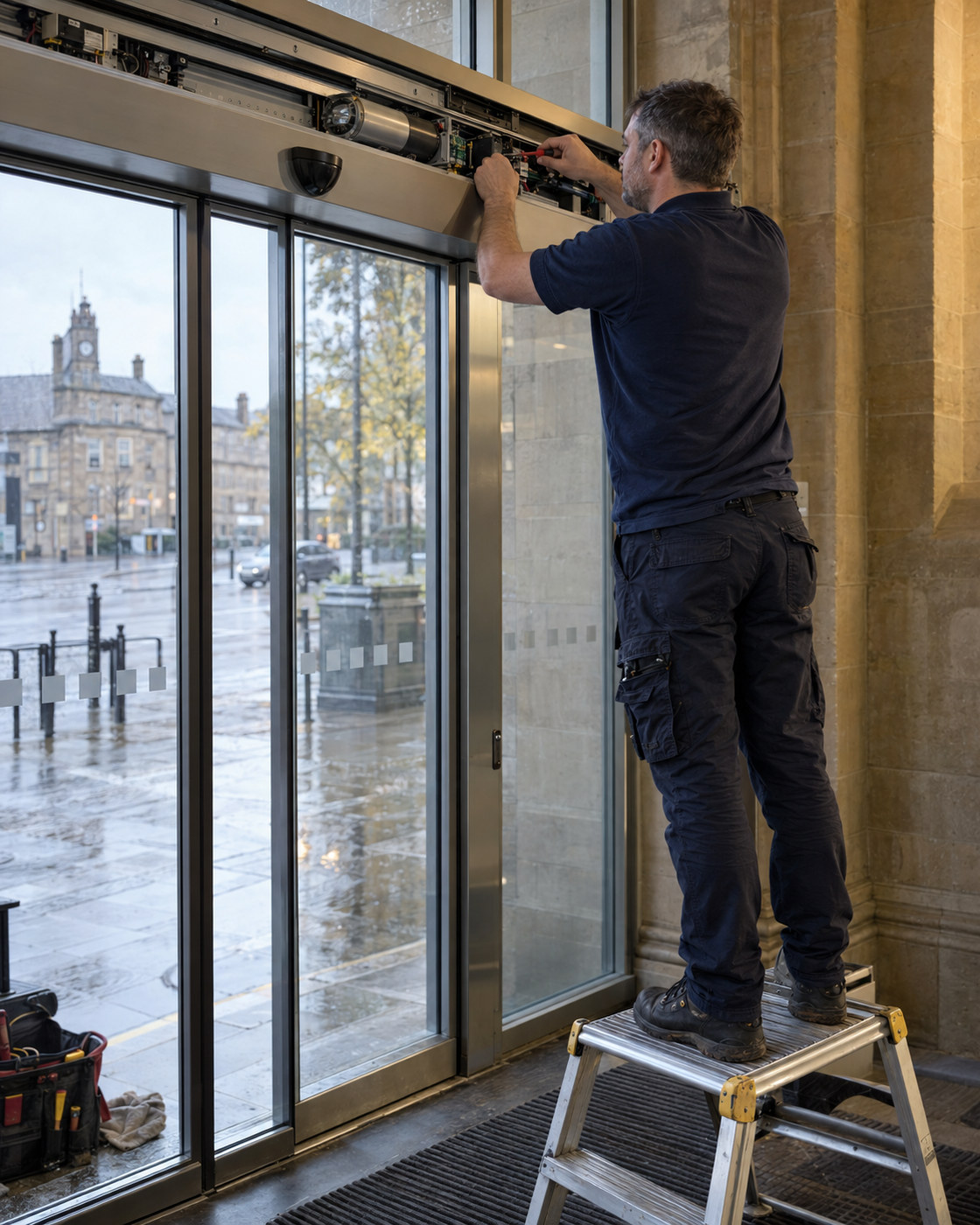 Automatic door engineer adjusting an open sliding door header