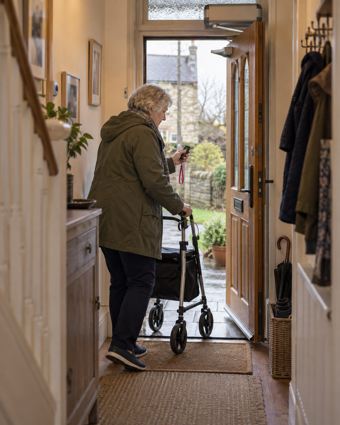 Resident using a wheeled walker to leave through a powered front door